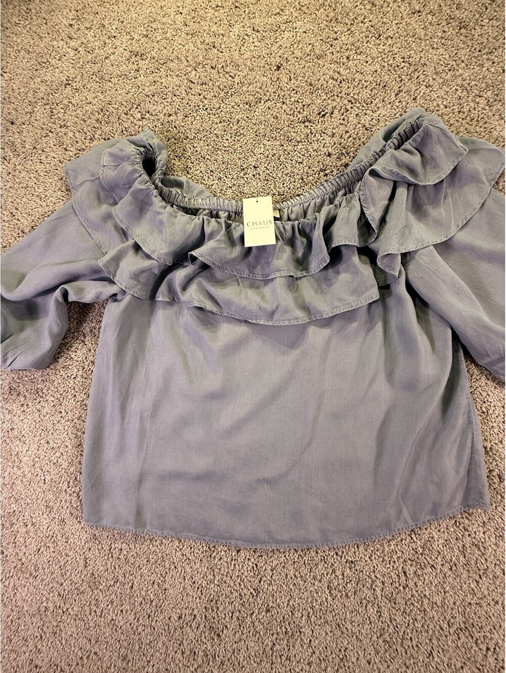 NWT Chaus Women’s Top Layered Ruffle Size XL 3/4 Sleeves Blue Lyocell